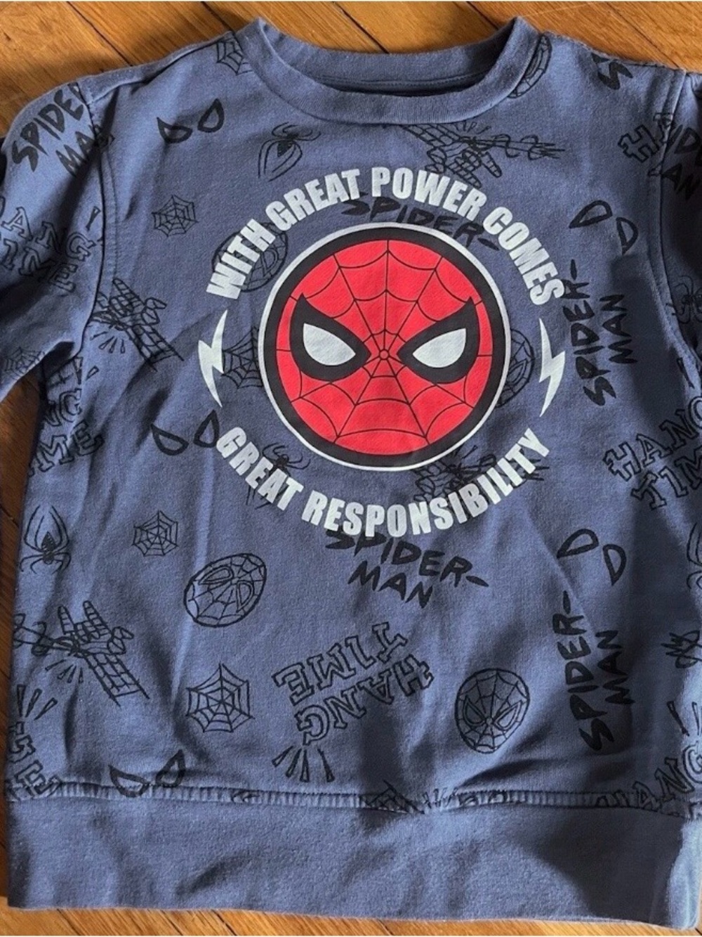 Sz S Marvel Boys Sweater Blue Spiderman Great Power Comes Great Responsibility